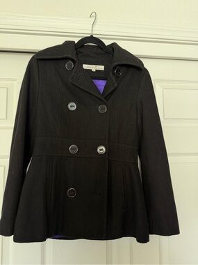 Kenneth Cole Black Double-Breasted Peacoat with Purple Lining